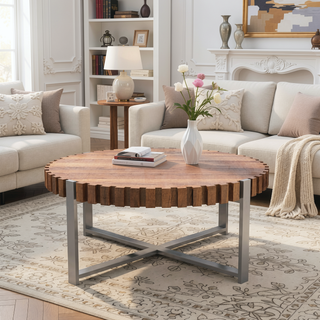 Sunvega Modern Natural Wood Grain Handmade Drum Shaped Circular Coffee Table