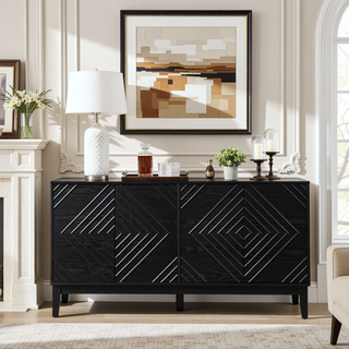 Sunvega Mid Century Modern Fluted Sideboard with Geometric Pattern and Adjustable Shelves
