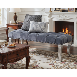 Sunvega Champagne Tufted Fabric Upholstered Bench with Nailhead Trim