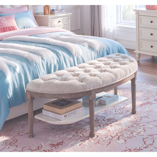 Sunvega French Inspired Vintage Semi-Circle Upholstered Bench with Tufted Design for Bedroom