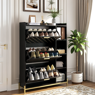 Sunvega Modern Rustic Entryway Shoe Cabinet with 3 Flip Drawers and Open Shelves