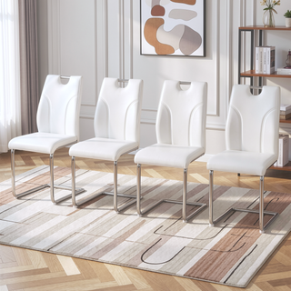 Sunvega White PU Dining Chair Set with Silver Metal Legs and High Resilience Sponge Filling