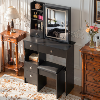 Sunvega Small Size Left Drawer Vanity Table with Adjustable LED Mirror and Stool