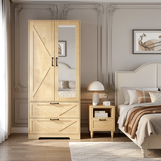 Sunvega Natural Wood Wardrobe for Bedroom with Mirror, 2 Doors, 2 Drawers, and Built-in Light