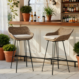 Sunvega PE Rattan Bar Stools with Water-Resistant Cushions and Hairpin Legs for Outdoor