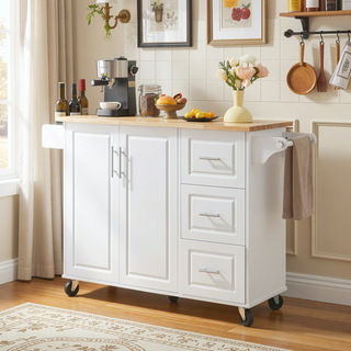 Sunvega Mobile Kitchen Island Cart with 3 Drawers Spice Rack and Drop Leaf Table