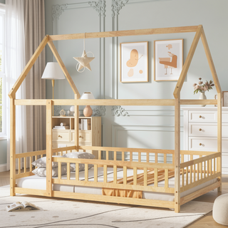 Sunvega Natural Wood House Roof Frame Floor Bed with Safety Guardrails