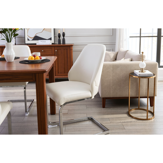 Sunvega White Faux Leather Dining Chairs Set of 2 with Gold Mesh Texture and Chrome Handle