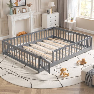 Sunvega Full Size Pine Wood Floor Bed with Safety Guardrails and Door