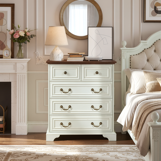 Sunvega Vintage Farmhouse Dresser with 5 Drawers and Antique White Finish