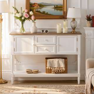 Sunvega Retro Console Table with Drawers Cabinets and Bottom Shelf for Living Room