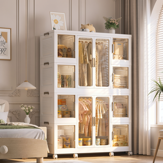 Sunvega Kids Wardrobe with 12 Magnetic Doors, 2 Hanging Rods, and 16 Hangers