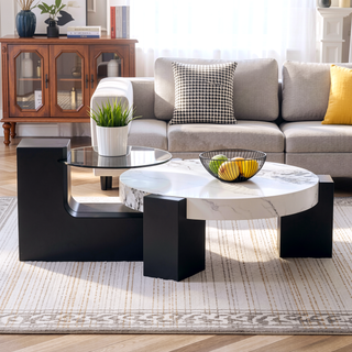 Sunvega Detachable Double-Decker Coffee Table with Anti-Collision Design and MDF Material