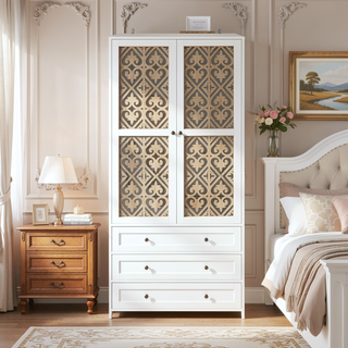 Sunvega White Rattan Wardrobe Armoire with 3 Drawers and Anti-Tip for Bedroom