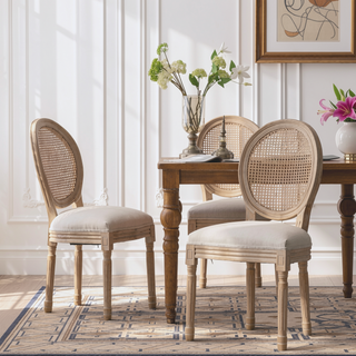 Sunvega French Style Solid Wood Frame Linen Fabric Oval Back Dining Chairs Set of 2
