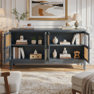 Sunvega Retro 4-Door Sideboard with Rattan and Glass Doors for Large Storage Space