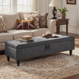 Sunvega Beige Fabric Upholstered Storage Ottoman Bench with Button Tufted Top