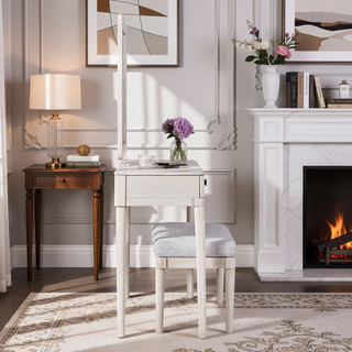 Sunvega Modern Vanity Desk with Mirror and Stool, White Makeup Table with Two Large Drawers