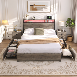 Sunvega Queen Bed Frame with Storage Headboard Charging Station and Smart LED Lights