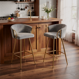 Sunvega 30 Inch Set of 2 Velvet Bar Stools with Chrome Footrest and Golden Leg