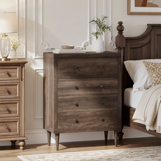 Sunvega Mid-Century Modern 4-Drawer Chest with Faux Wood and Sleek Tapered Legs