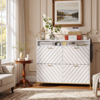 Sunvega Rustic Light Brown and White Gold Herringbone Wooden Flip Drawer Shoe Cabinet