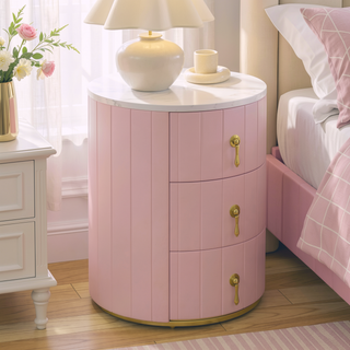 Sunvega Upholstered Round Nightstand with 3 Drawers and Marbling Top