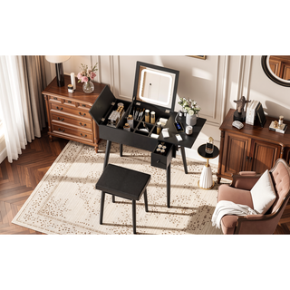 Sunvega 27.9" Black Makeup Vanity Desk with Flip Top LED Mirror and Charging Station