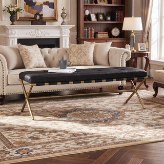 Sunvega Faux Leather Bench with Tufted Upholstery and Gold Metal Frame
