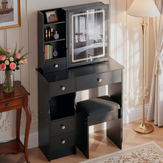 Sunvega Small Size Left Drawer Desktop Vanity Table with Cushioned Stool and Adjustable LED Mirror