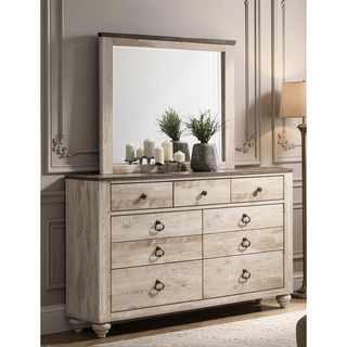 Sunvega White Wash Finish Queen Sleigh Bed Dresser Mirror Nightstand Chest Set