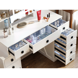 Sunvega White Makeup Vanity Desk with Sliding Mirror Dimmable Lights and Charging Station
