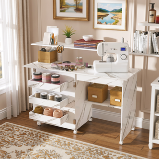 Sunvega 4-in-1 Folding Sewing Table with Lockable Wheels and Shelves for Crafting