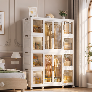 Sunvega Kids Wardrobe with 12 Magnetic Doors, 2 Hanging Rods, and 16 Hangers