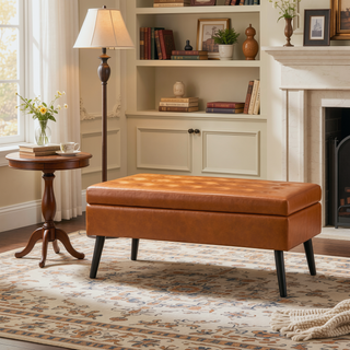 Sunvega Tufted Beige Storage Ottoman Bench with Safety Hinge for Bedroom