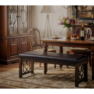 Sunvega Classic Traditional Weathered Cherry Finish Wooden Dining Furniture with Synthetic Leather Seat