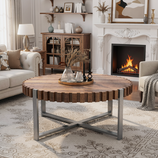 Sunvega Modern Natural Wood Grain Handmade Drum Shaped Circular Coffee Table
