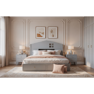 Sunvega Natural Wooden Montessori Floor Bed Frame with Fence and Door for Kids