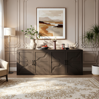 Sunvega Farmhouse Sideboard Buffet Cabinet with XL Storage and Built-In Stemware Rack