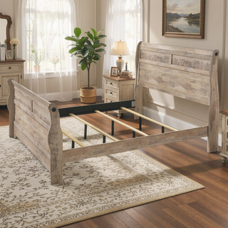 Sunvega Queen Size White Wash Finish Sleigh Bed and Two Nightstands with Antique Walnut Trim