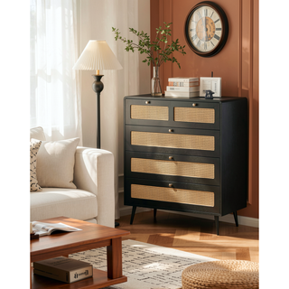 Sunvega Modern Rattan Dresser with 4 Wide Drawers and Gold Metal Handles for Bedroom