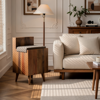 Sunvega Solid Mango Wood Bench Unit with Cushioned Seat and Storage Cabinet