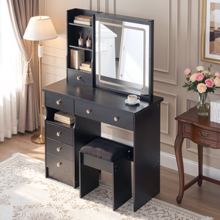 Sunvega Small Size Left Drawer Vanity Table with Cushioned Stool and LED Mirror for Small Spaces