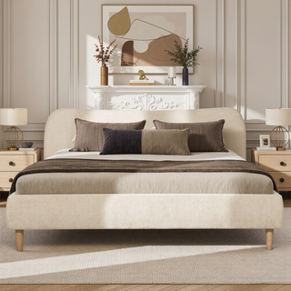 Sunvega King Upholstered Platform Bed with Curved Headboard in Oatmeal Chenille