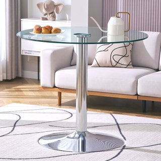 Sunvega 35 Inch Round Tempered Glass Dining Table with Silver Metal Legs