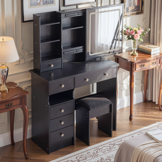 Sunvega Small Size Left Drawer Vanity Table with Cushioned Stool and LED Mirror for Small Spaces