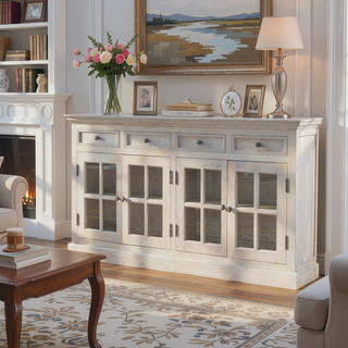Sunvega Solid Mango Wood Acid Wash Glazed Sideboard with Four Drawers and Four Shelves
