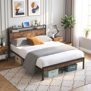 Sunvega Modern Metal Platform Bed Frame with Wooden Headboard and Footboard for Queen Size