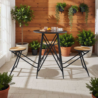 Sunvega Black Stowable Side Table and Two Seats with Foldable Iron Frame