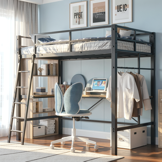 Sunvega Twin Metal Loft Bed with L-Shaped Desk, Charging Station and Safety Guardrails